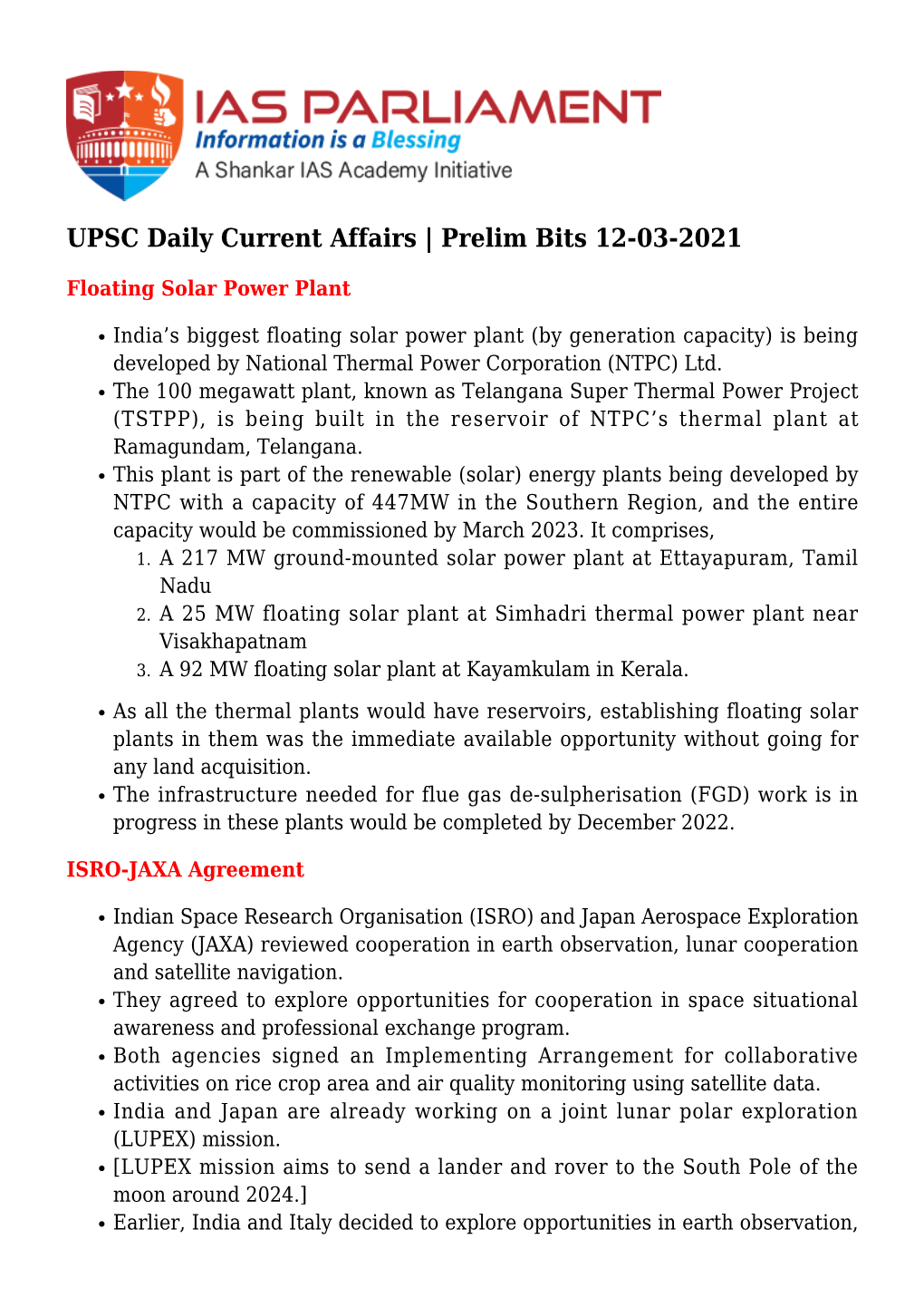 UPSC Daily Current Affairs | Prelim Bits 12-03-2021