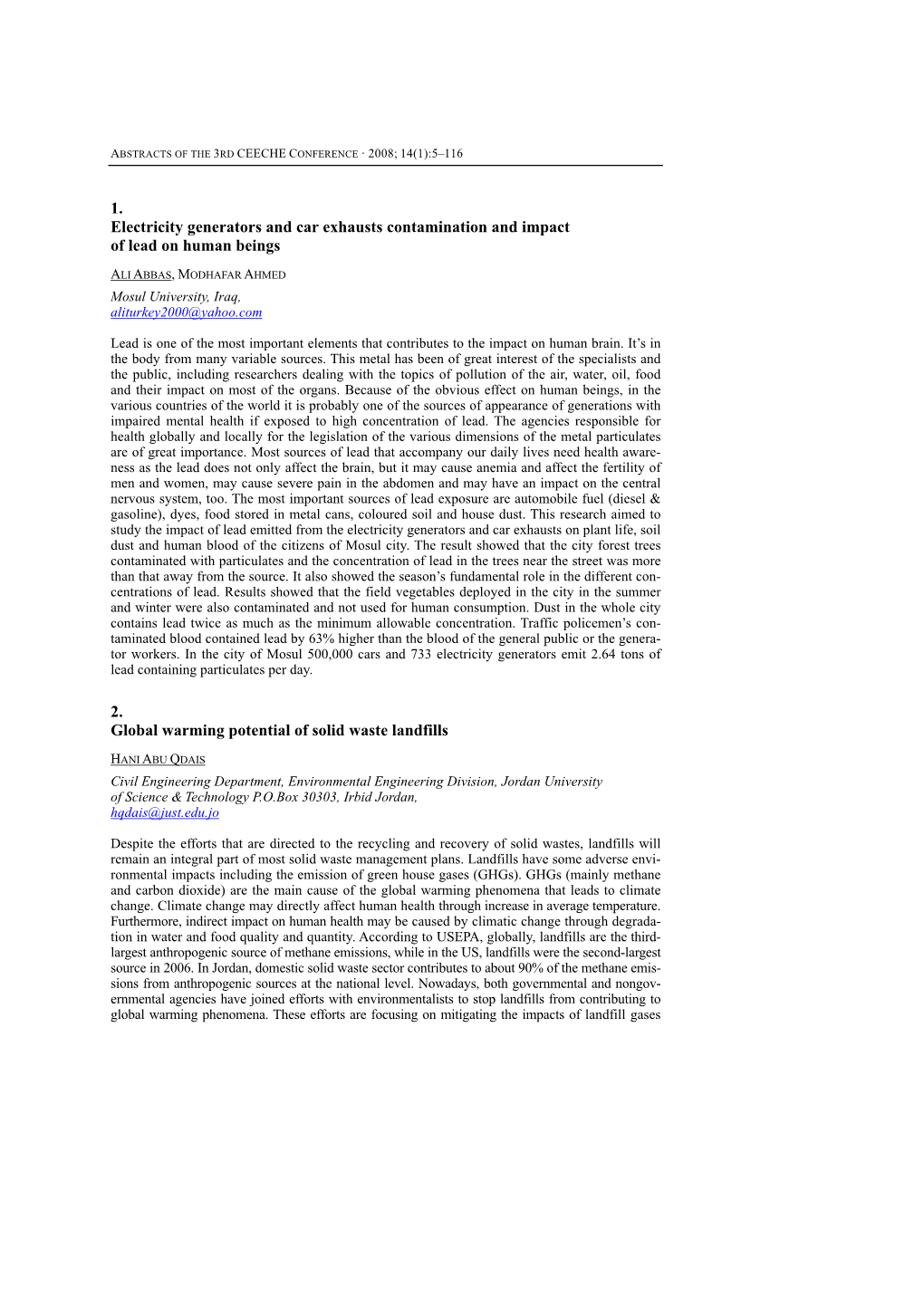 1. Electricity Generators and Car Exhausts Contamination and Impact of Lead on Human Beings