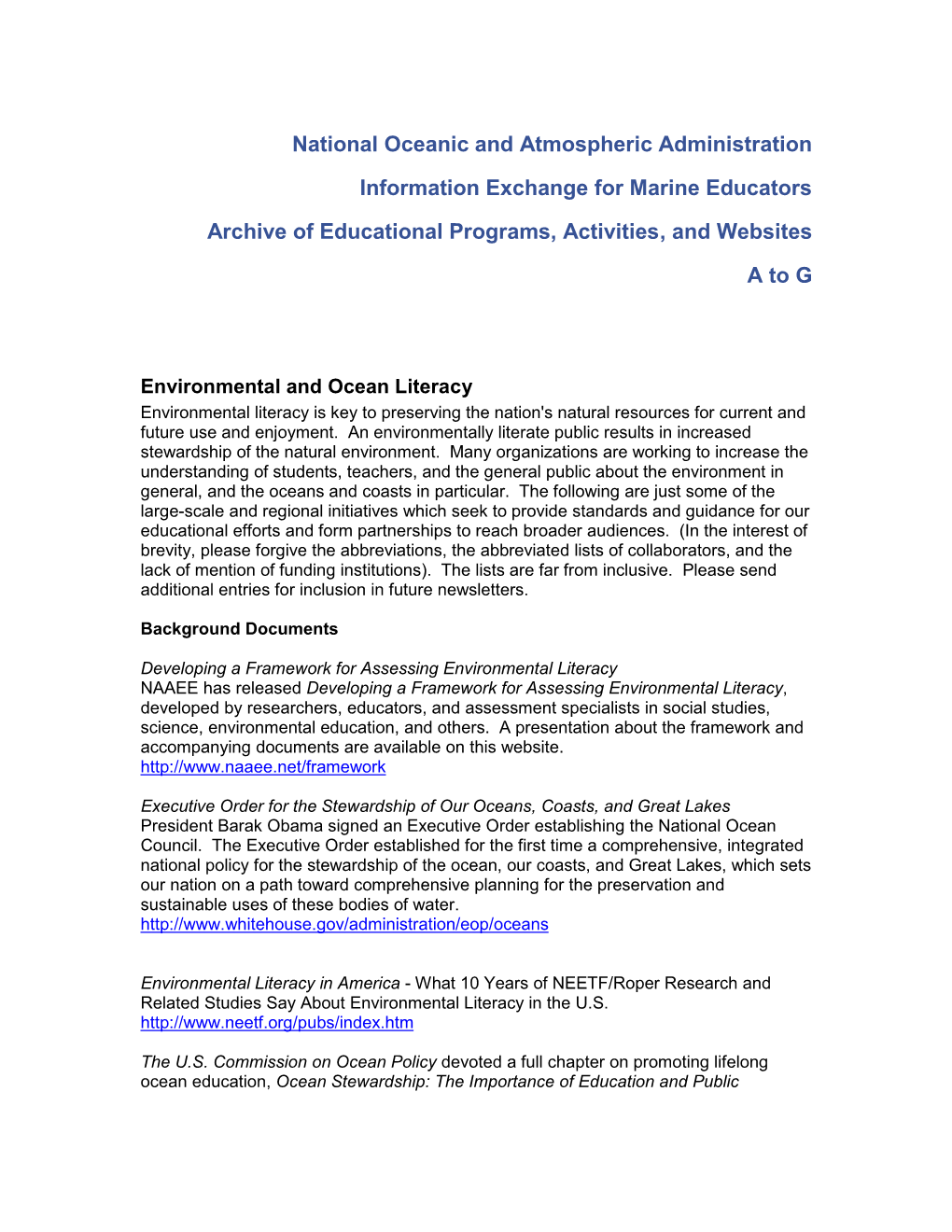 National Oceanic and Atmospheric Administration Information Exchange for Marine Educators