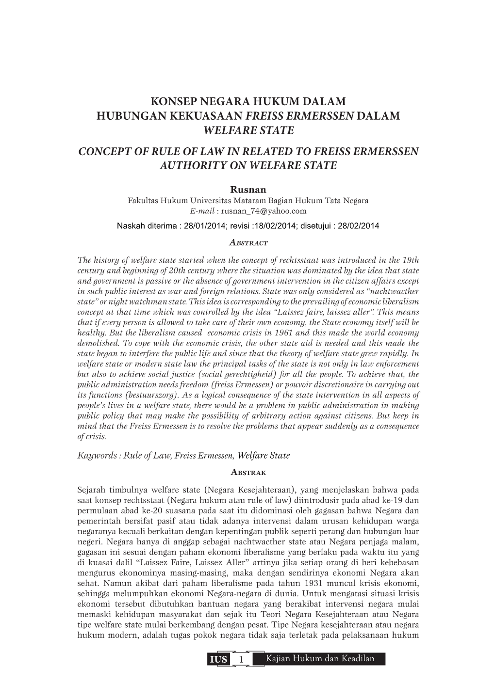 Konsep Negara Hukum Dalam Hubungan Kekuasaan Freiss Ermerssen Dalam Welfare State Concept of Rule of Law in Related to Freiss Ermerssen Authority on Welfare State