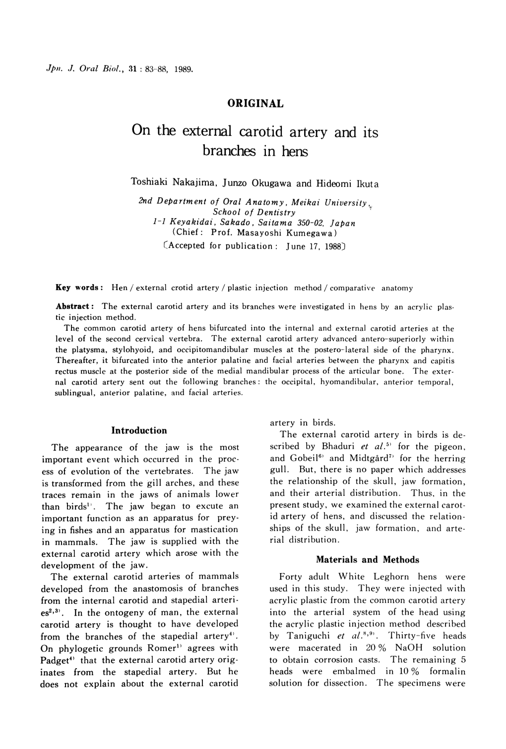 On the External Carotid Artery and Its Branches in Hens