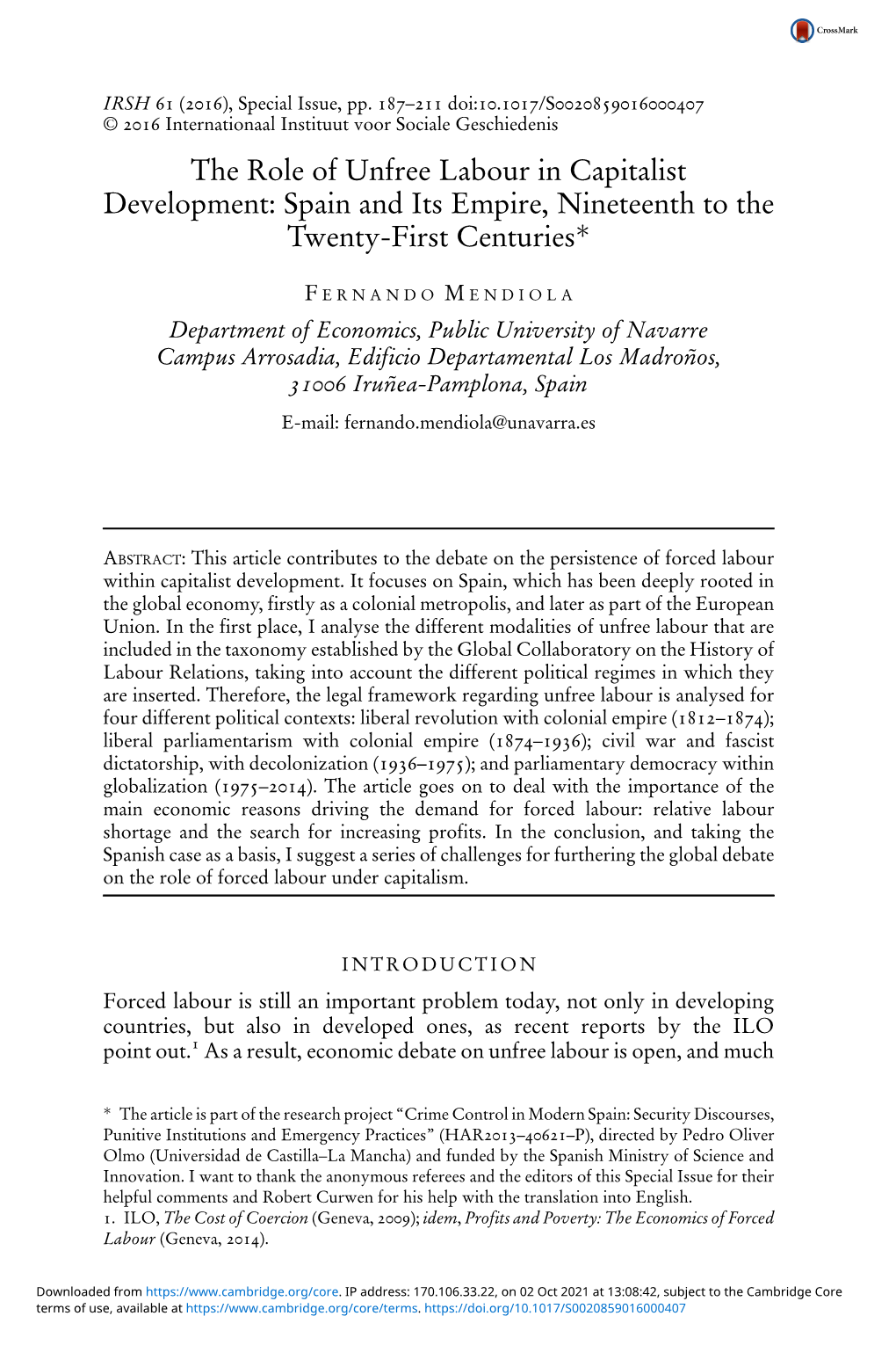 The Role of Unfree Labour in Capitalist Development: Spain and Its Empire, Nineteenth to the Twenty-First Centuries*