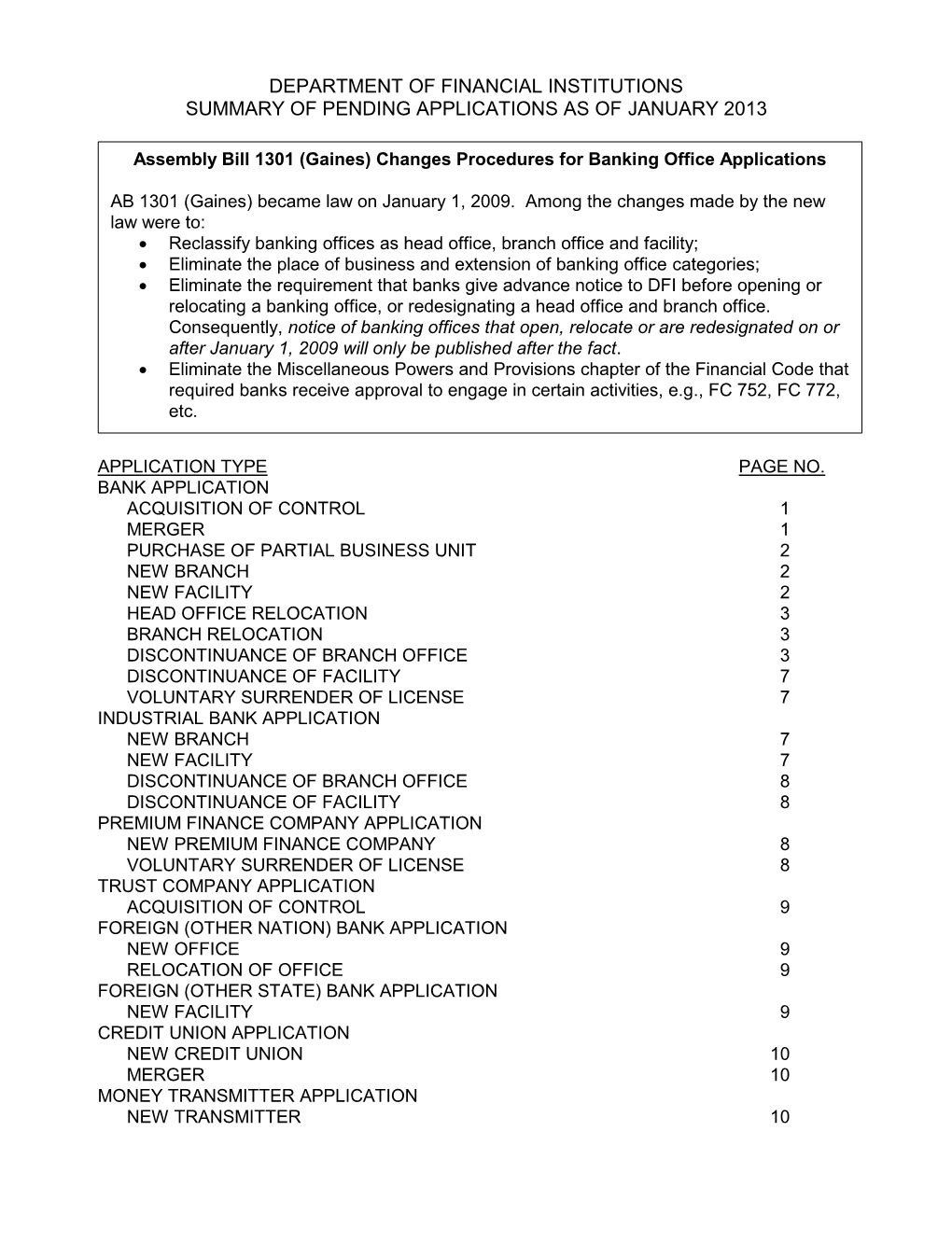 Department of Financial Institutions Summary of Pending Applications As of January 2013