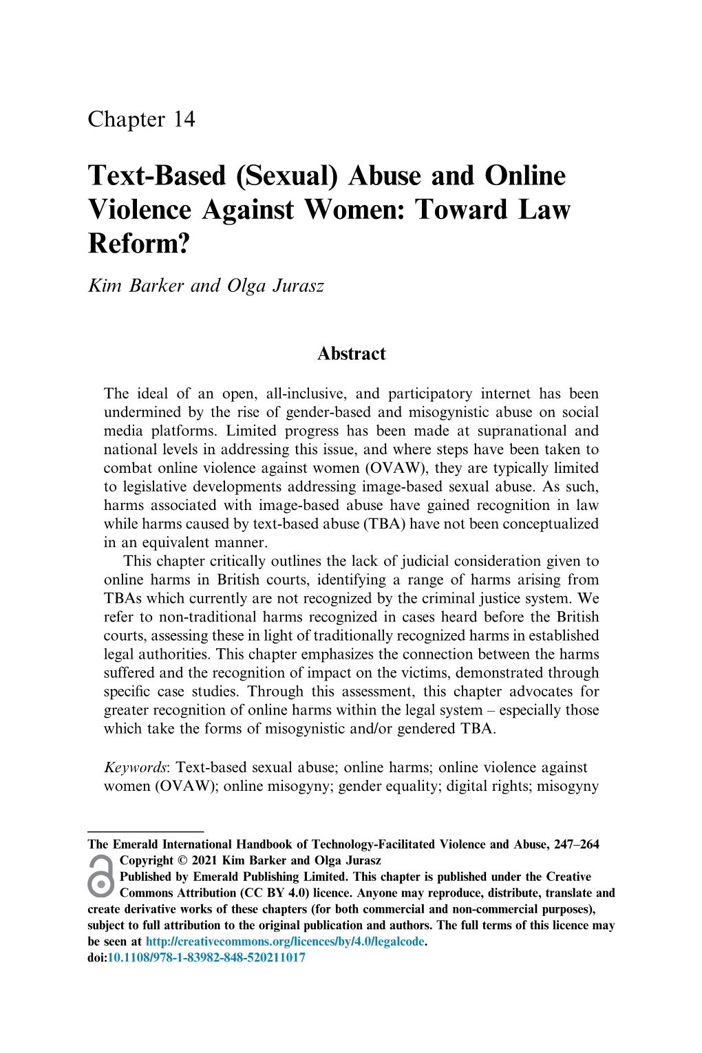 Text-Based (Sexual) Abuse and Online Violence Against Women: Toward Law Reform? Kim Barker and Olga Jurasz