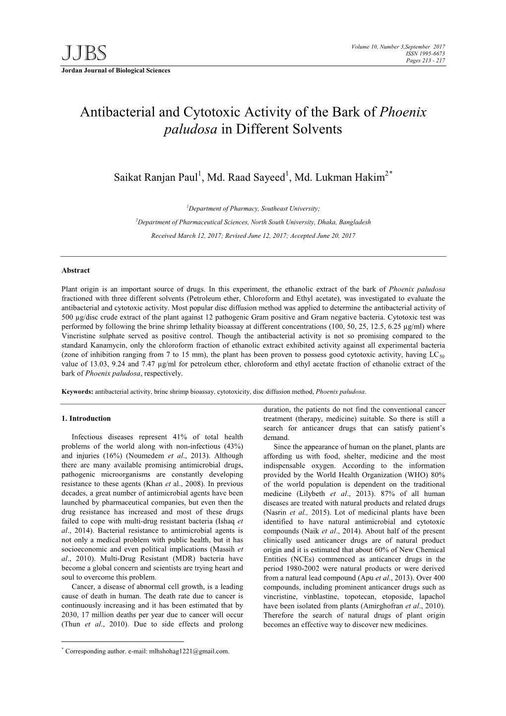 Antibacterial and Cytotoxic Activity of the Bark of Phoenix Paludosa in Different Solvents