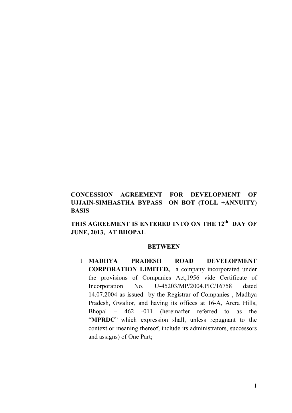 Concession Agreement for Development of Ujjain-Simhastha Bypass on Bot (Toll +Annuity) Basis