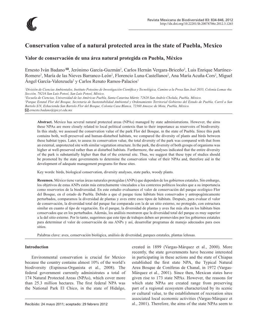 Conservation Value of a Natural Protected Area in the State of Puebla, Mexico