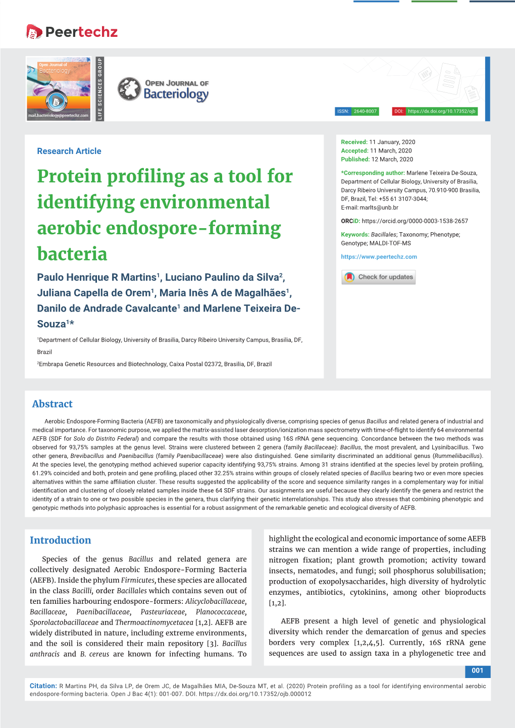 Protein Profiling As a Tool for Identifying Environmental Aerobic Endospore-Forming Bacteria