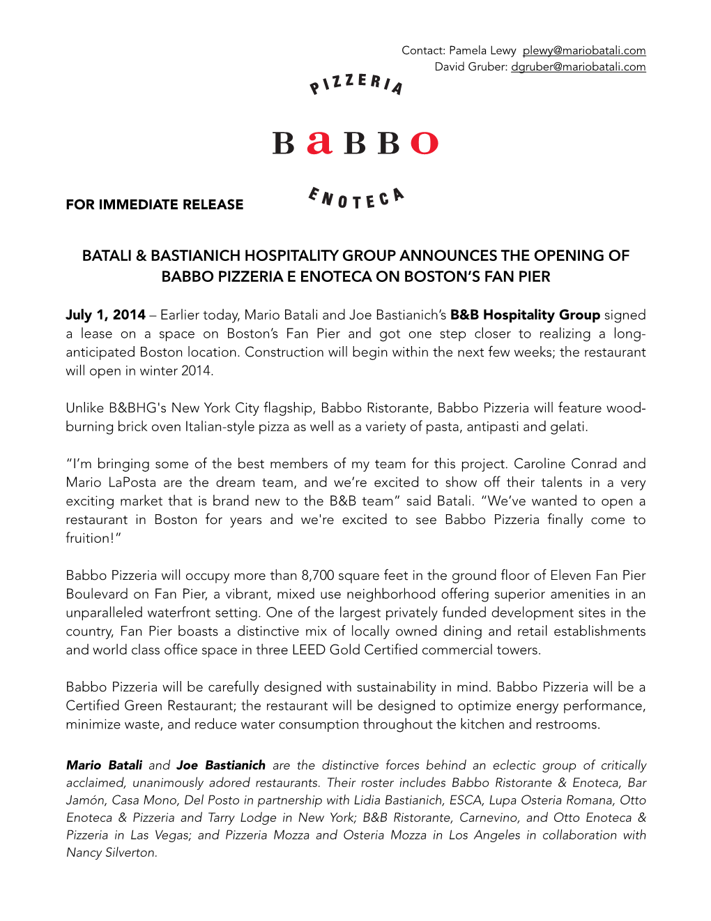 Babbo Boston Press Release