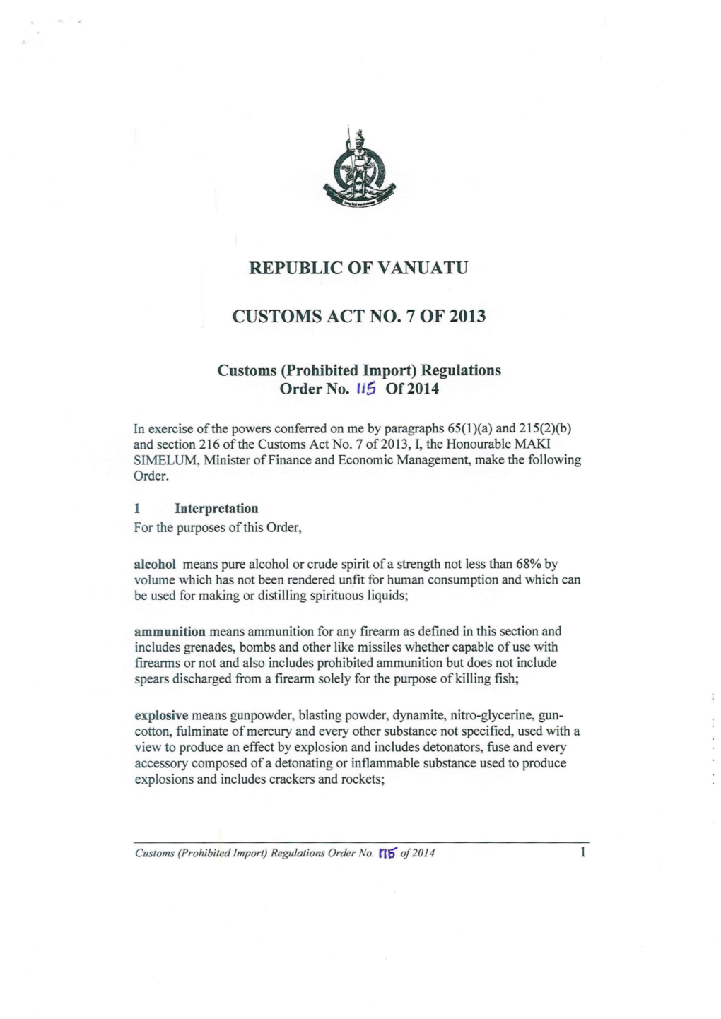 Republic of Vanuatu Customs Act No.7 of 2013