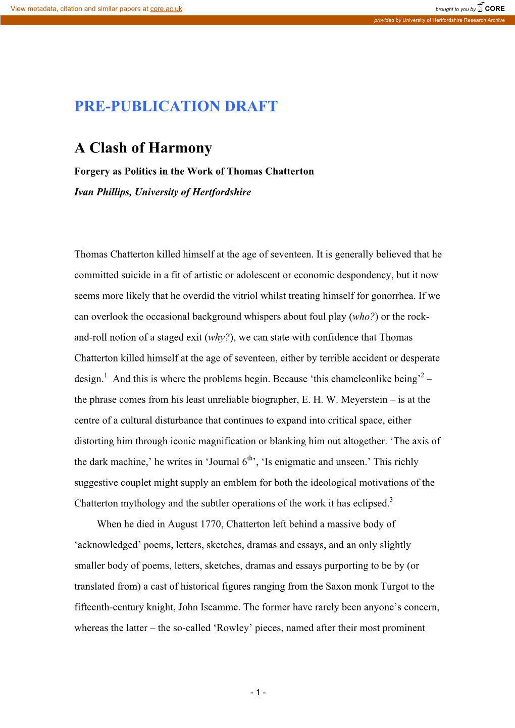 PRE-PUBLICATION DRAFT a Clash of Harmony