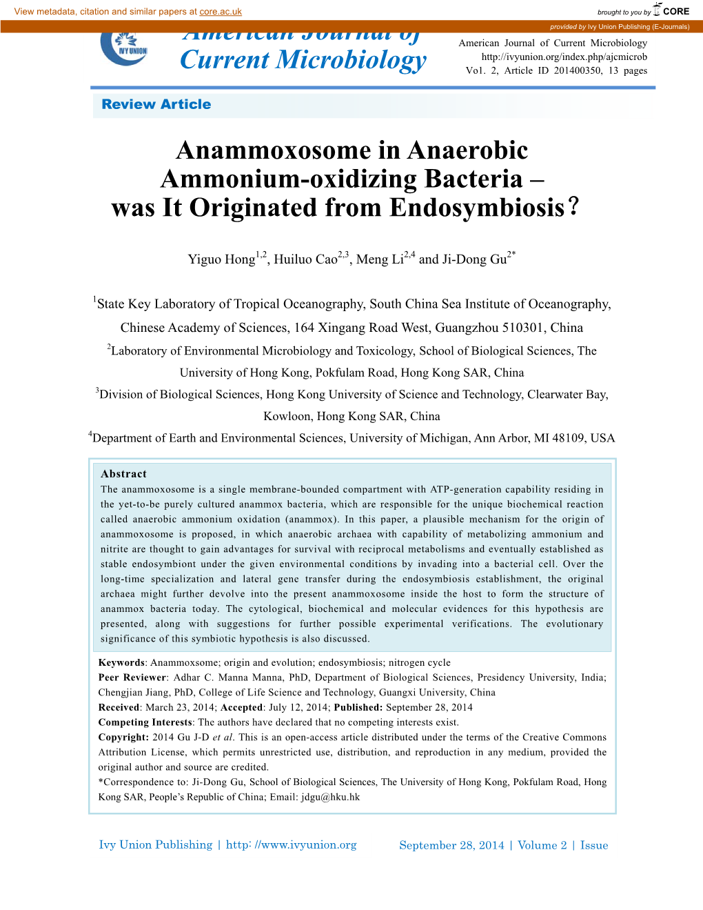 Anammoxosome in Anaerobic Ammonium-Oxidizing Bacteria – Was It Originated from Endosymbiosis？