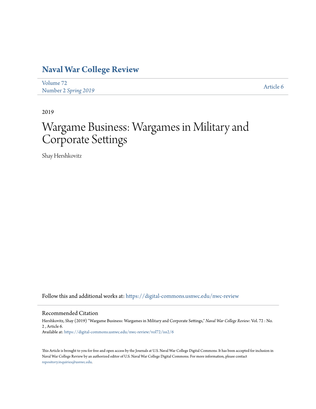 Wargames in Military and Corporate Settings Shay Hershkovitz