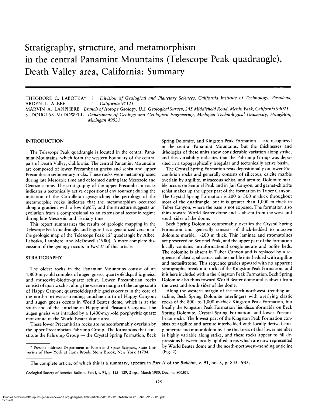 (Telescope Peak Quadrangle), Death Valley Area, California: Summary