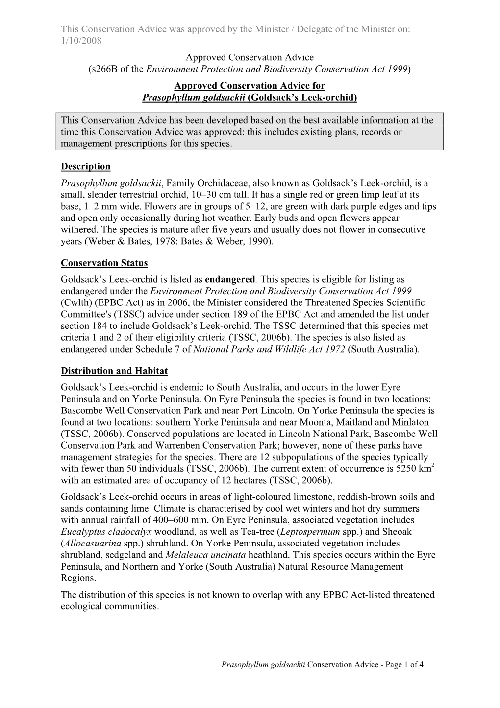 Approved Conservation Advice for Prasophyllum Goldsackii (Goldsack’S Leek-Orchid)