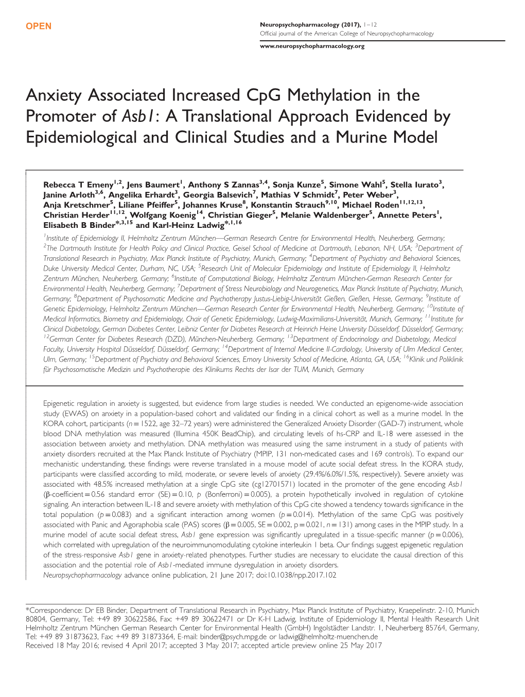 Anxiety Associated Increased Cpg Methylation in the Promoter of Asb1: a Translational Approach Evidenced by Epidemiological and Clinical Studies and a Murine Model