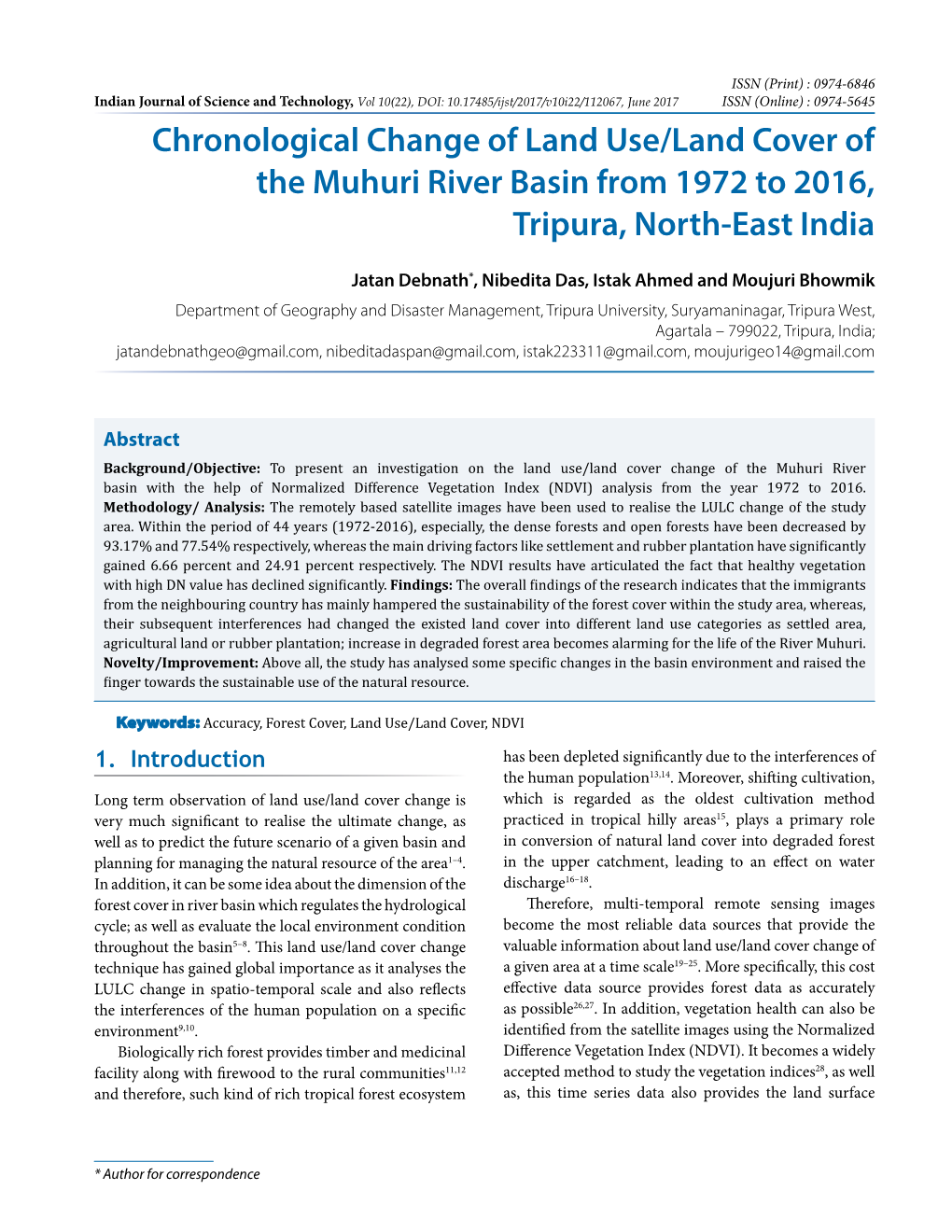 Chronological Change of Land Use/Land Cover of the Muhuri River Basin from 1972 to 2016, Tripura, North-East India