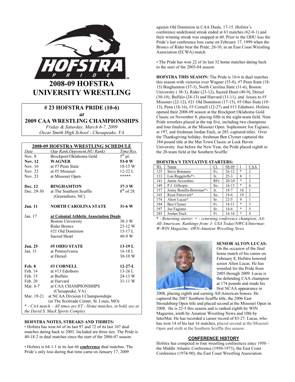 2008-09 Hofstra University Wrestling Roster