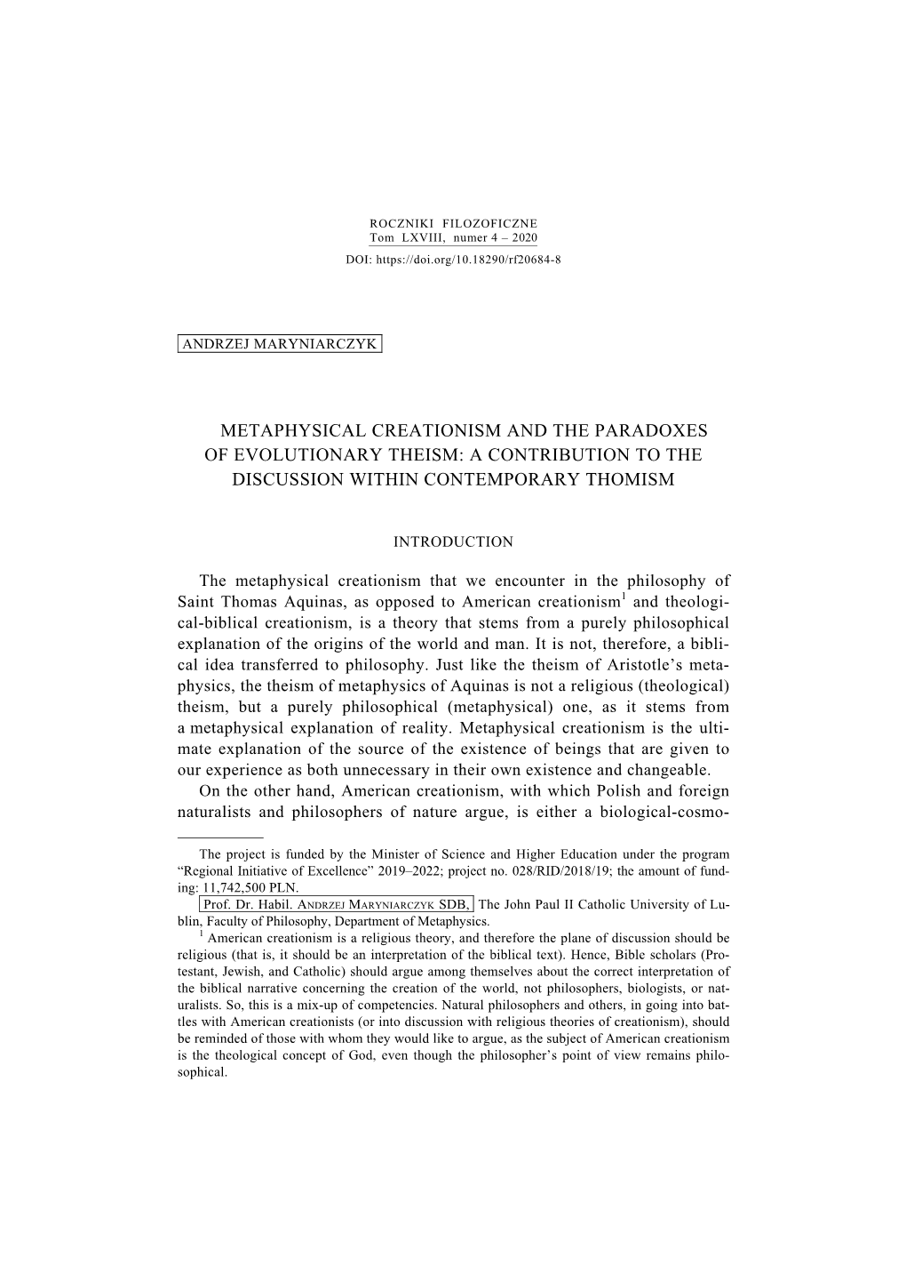 Metaphysical Creationism and the Paradoxes of Evolutionary Theism: a Contribution to the Discussion Within Contemporary Thomism