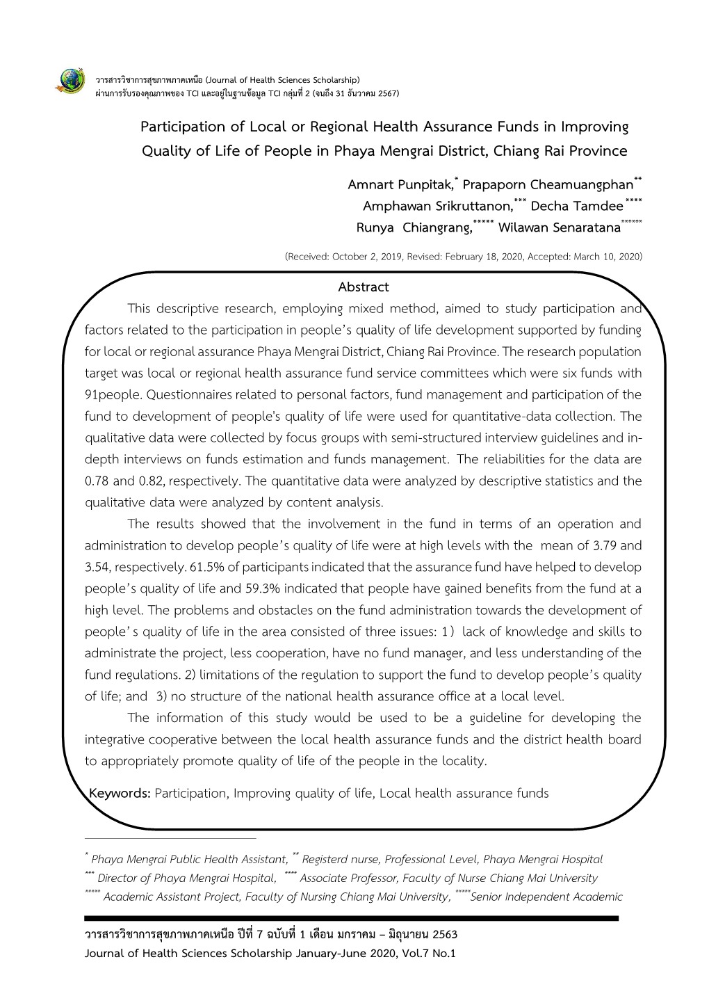 Participation of Local Or Regional Health Assurance Funds in Improving Quality of Life of People in Phaya Mengrai District, Chiang Rai Province