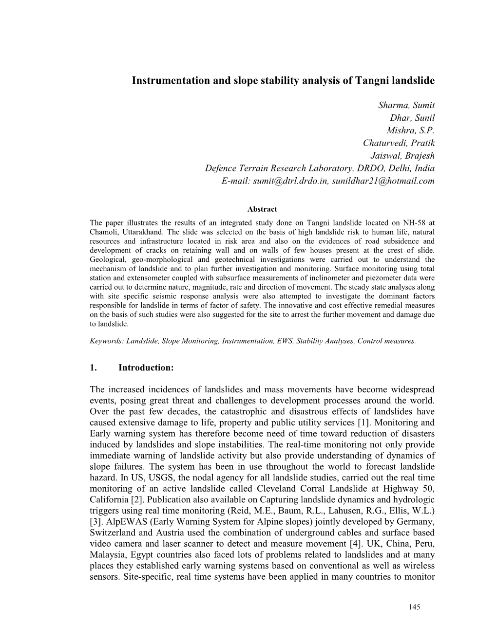 Instrumentation and Slope Stability Analysis of Tangni Landslide