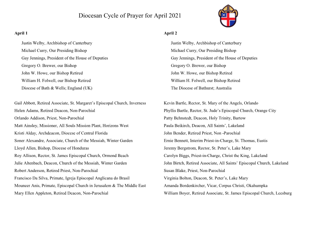 Diocesan Cycle of Prayer for April 2021