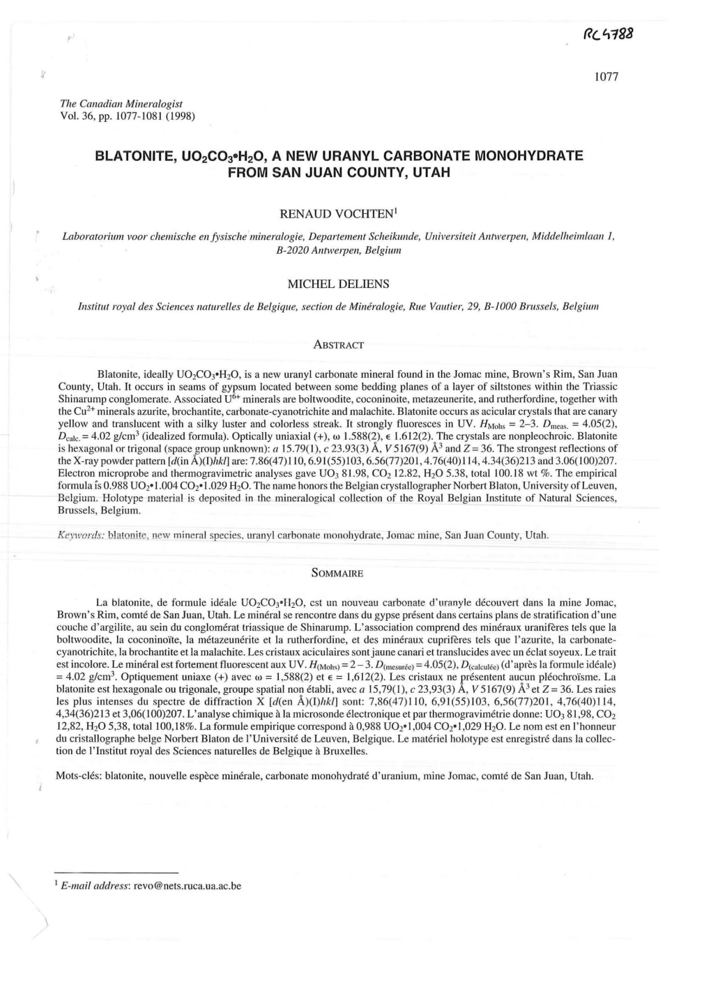 Blatonite, U02c03•H20, a New Uranyl Carbonate Monohydrate from San Juan County, Utah