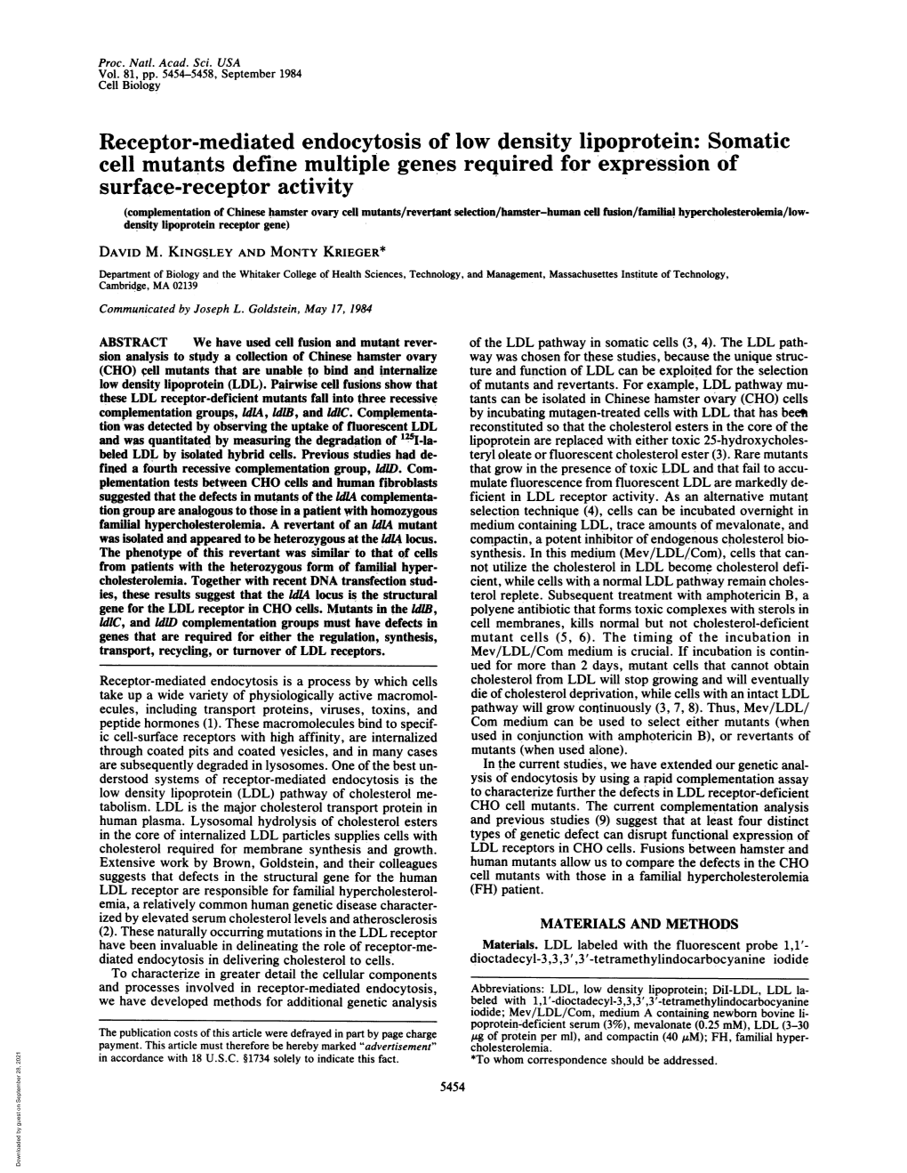 Receptor-Mediated Endocytosis of Low Density Lipoprotein