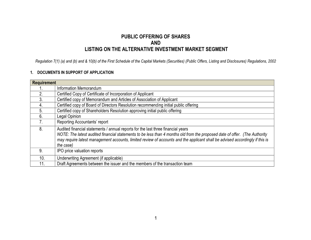 Public Offering of Shares and Listing on the Alternative Investment Market Segment