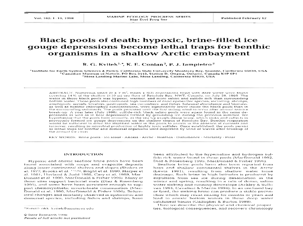 Black Pools of Death: Hypoxic, Brine-Filled Ice Gouge Depressions Become Lethal Traps for Benthic Organisms in a Shallow Arctic Embayment