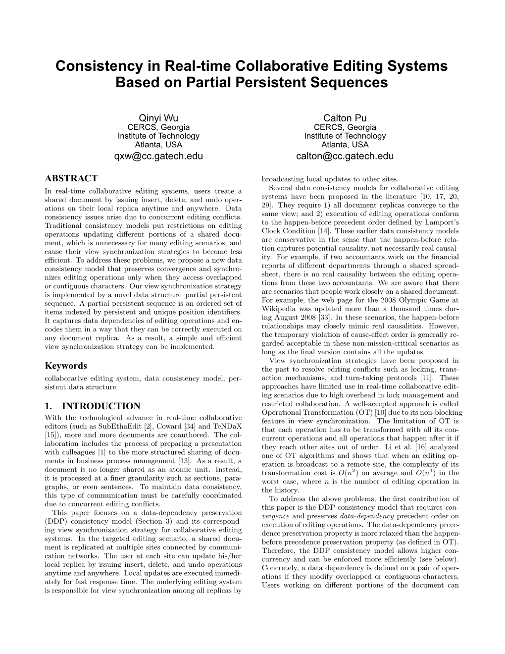 Consistency in Real-Time Collaborative Editing Systems Based on Partial Persistent Sequences