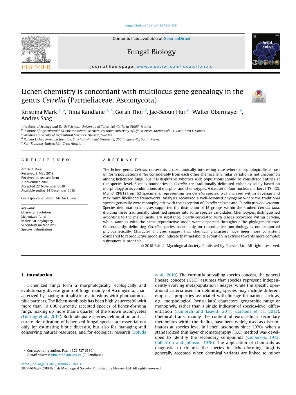 Lichen Chemistry Is Concordant with Multilocus Gene Genealogy in the Genus Cetrelia (Parmeliaceae, Ascomycota)