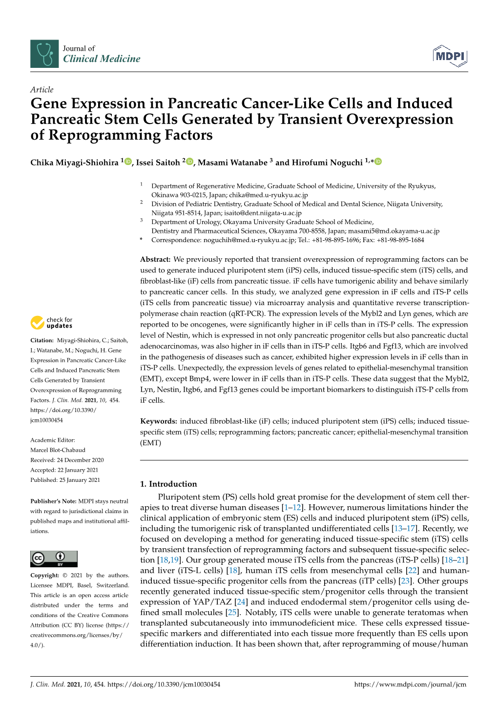 Gene Expression in Pancreatic Cancer-Like Cells and Induced Pancreatic Stem Cells Generated by Transient Overexpression of Reprogramming Factors