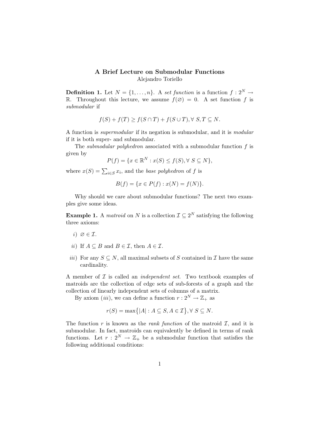 Submodular Functions Alejandro Toriello