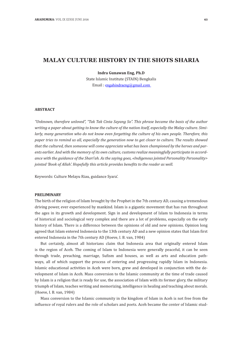 Malay Culture History in the Shots Sharia