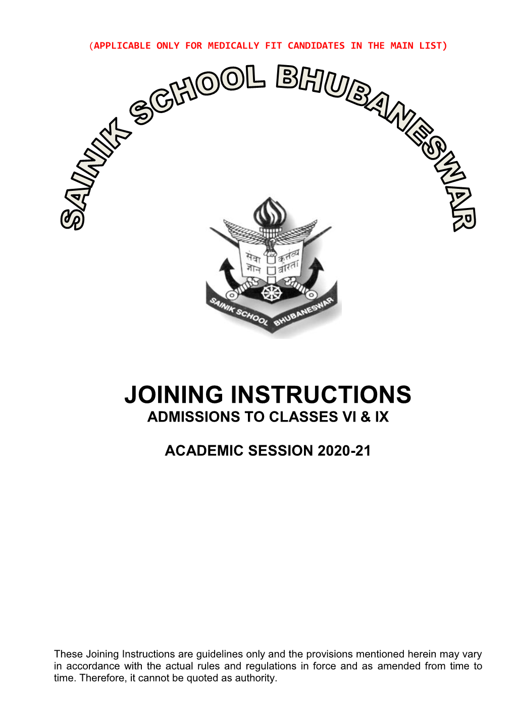 Joining Instructions Admissions to Classes Vi & Ix