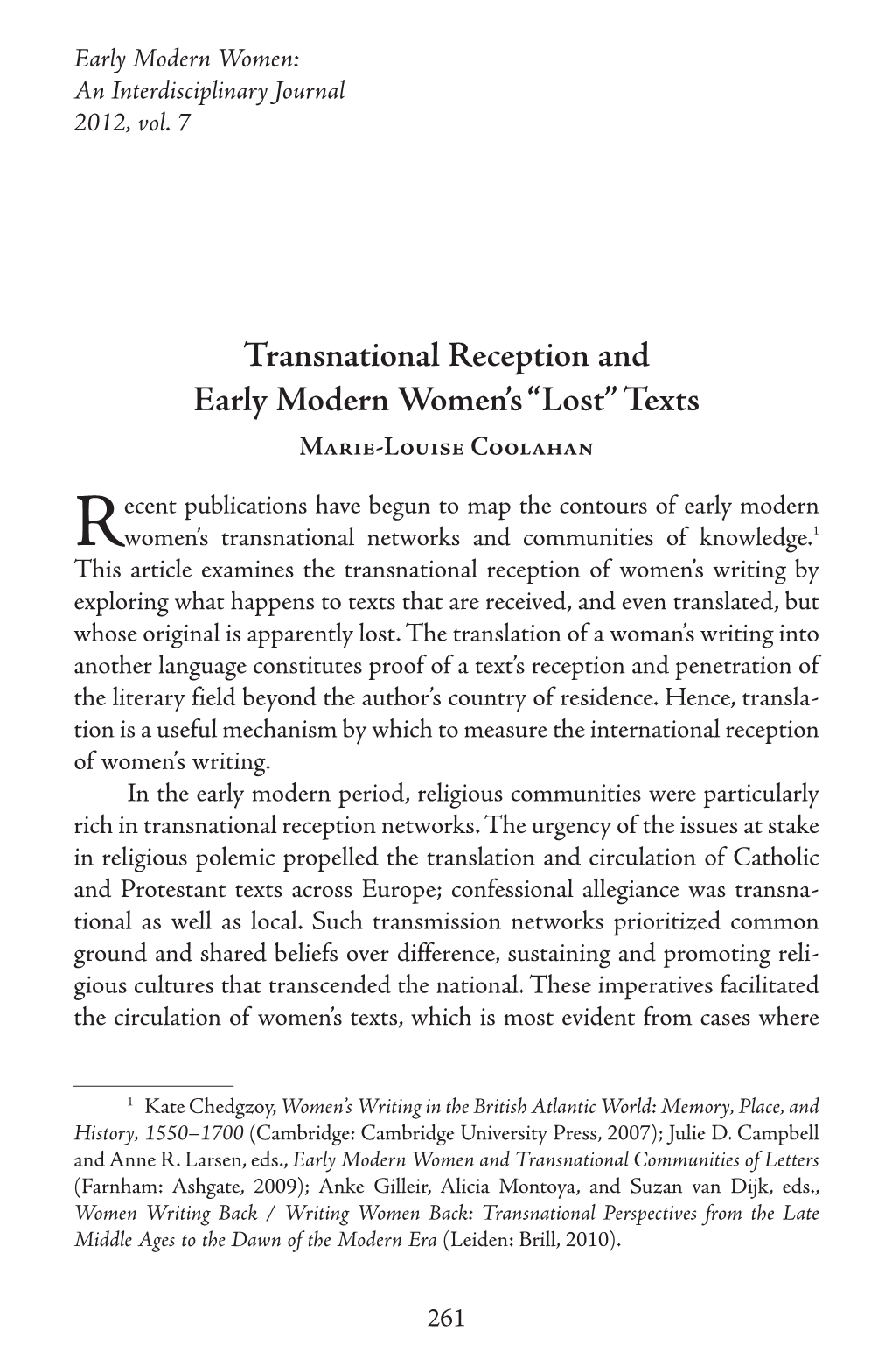 Transnational Reception and Early Modern Women’S “Lost” Texts Marie-Louise Coolahan