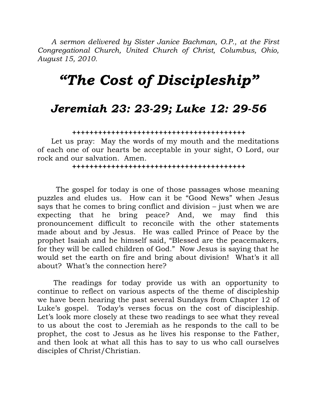 “The Cost of Discipleship”