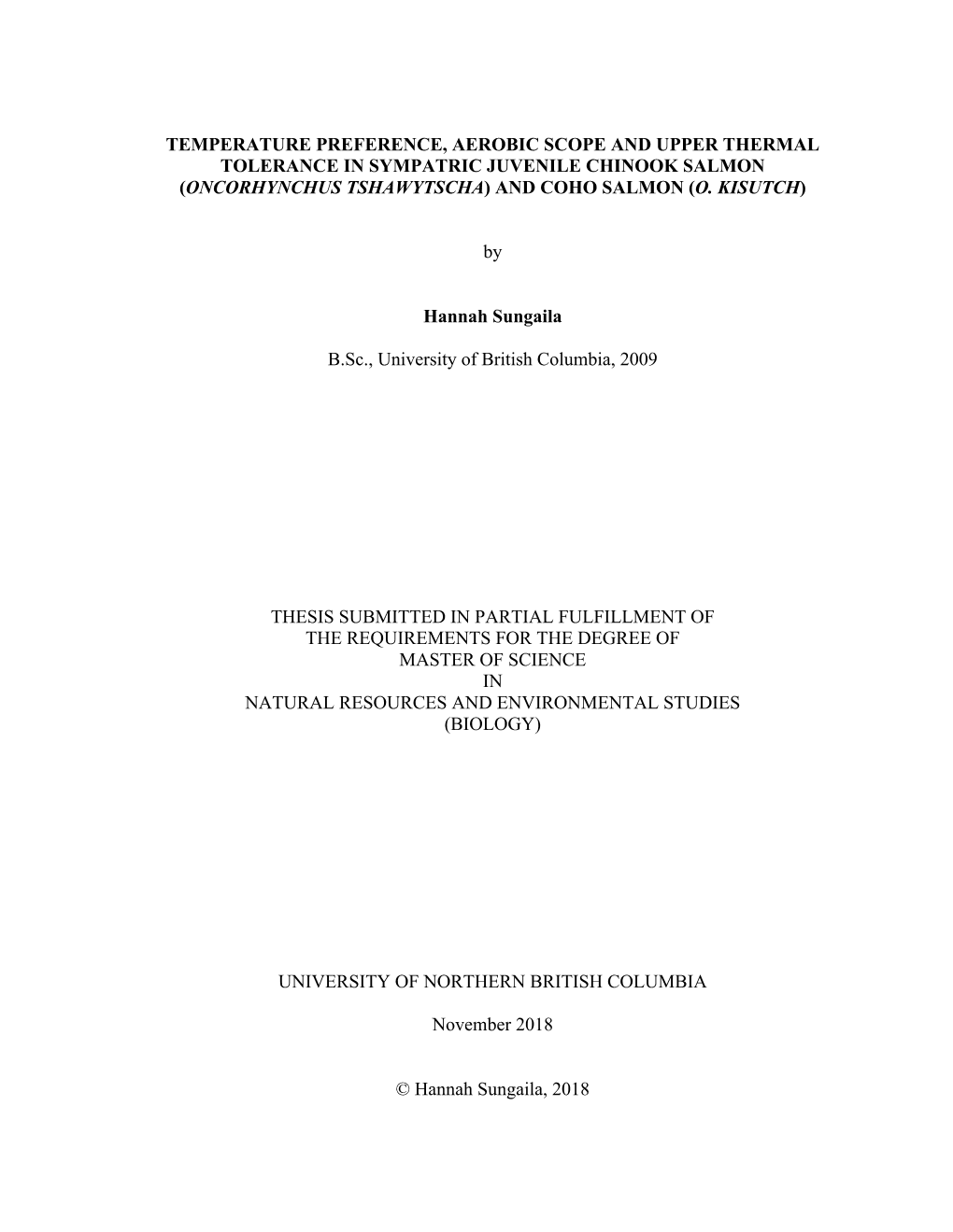 Temperature Preference, Aerobic Scope and Upper Thermal Tolerance in Sympatric Juvenile Chinook Salmon (Oncorhynchus Tshawytscha) and Coho Salmon (O