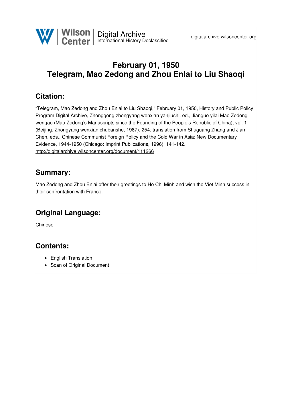 February 01, 1950 Telegram, Mao Zedong and Zhou Enlai to Liu Shaoqi