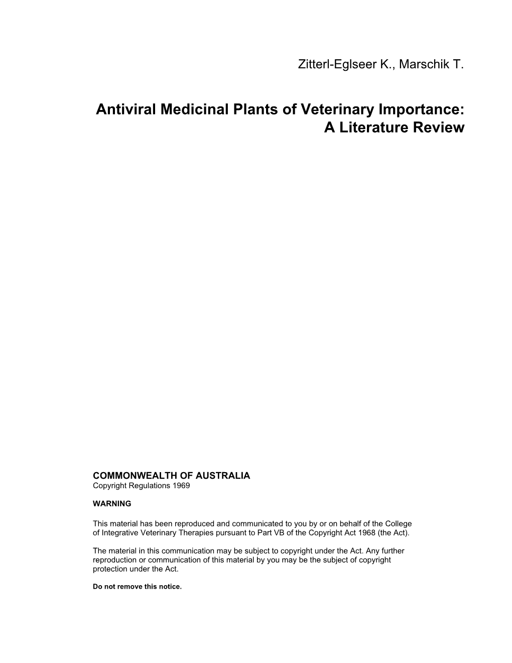 Antiviral Medicinal Plants of Veterinary Importance: a Literature Review