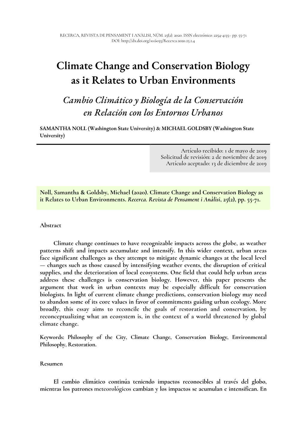 Climate Change and Conservation Biology As It Relates to Urban Environments Cambio Climático Y Biología De La Conservación En Relación Con Los Entornos Urbanos