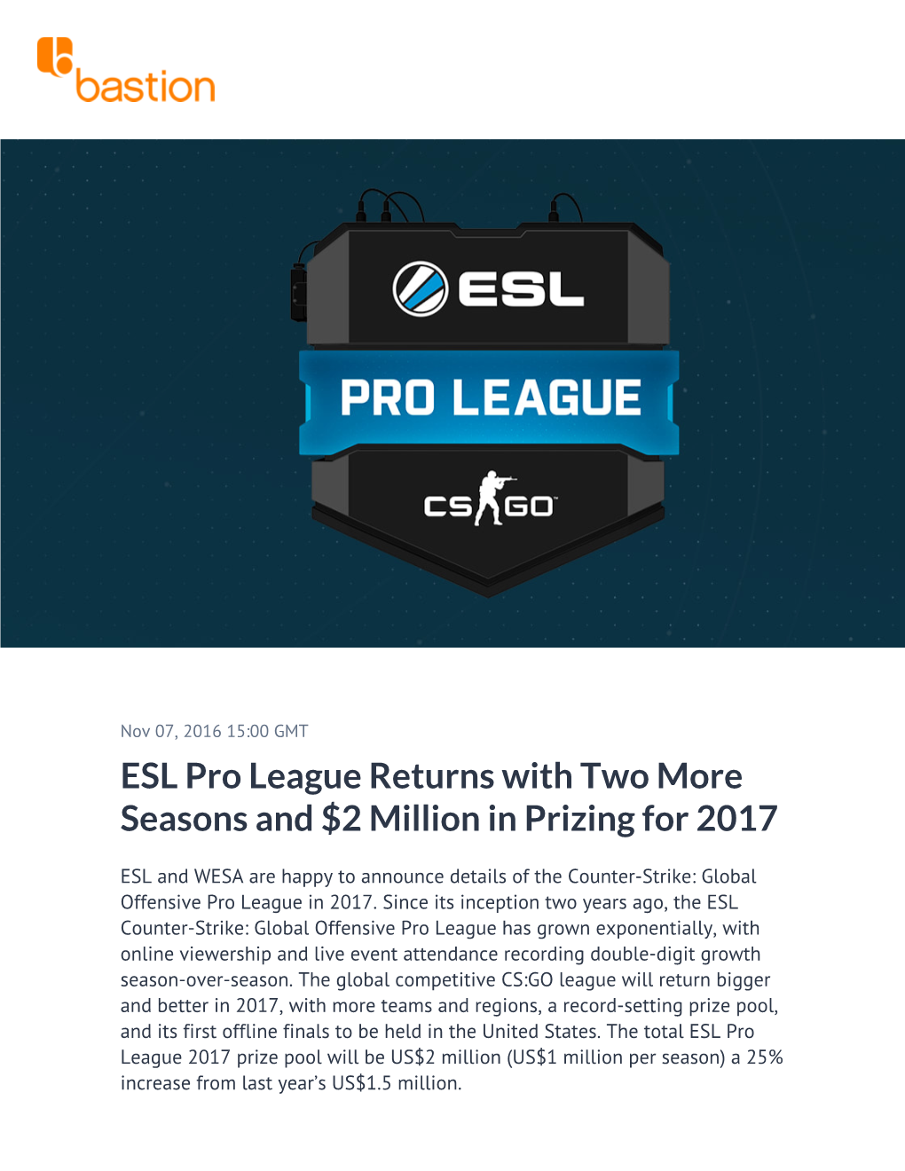 ESL Pro League Returns with Two More Seasons and $2 Million in Prizing for 2017