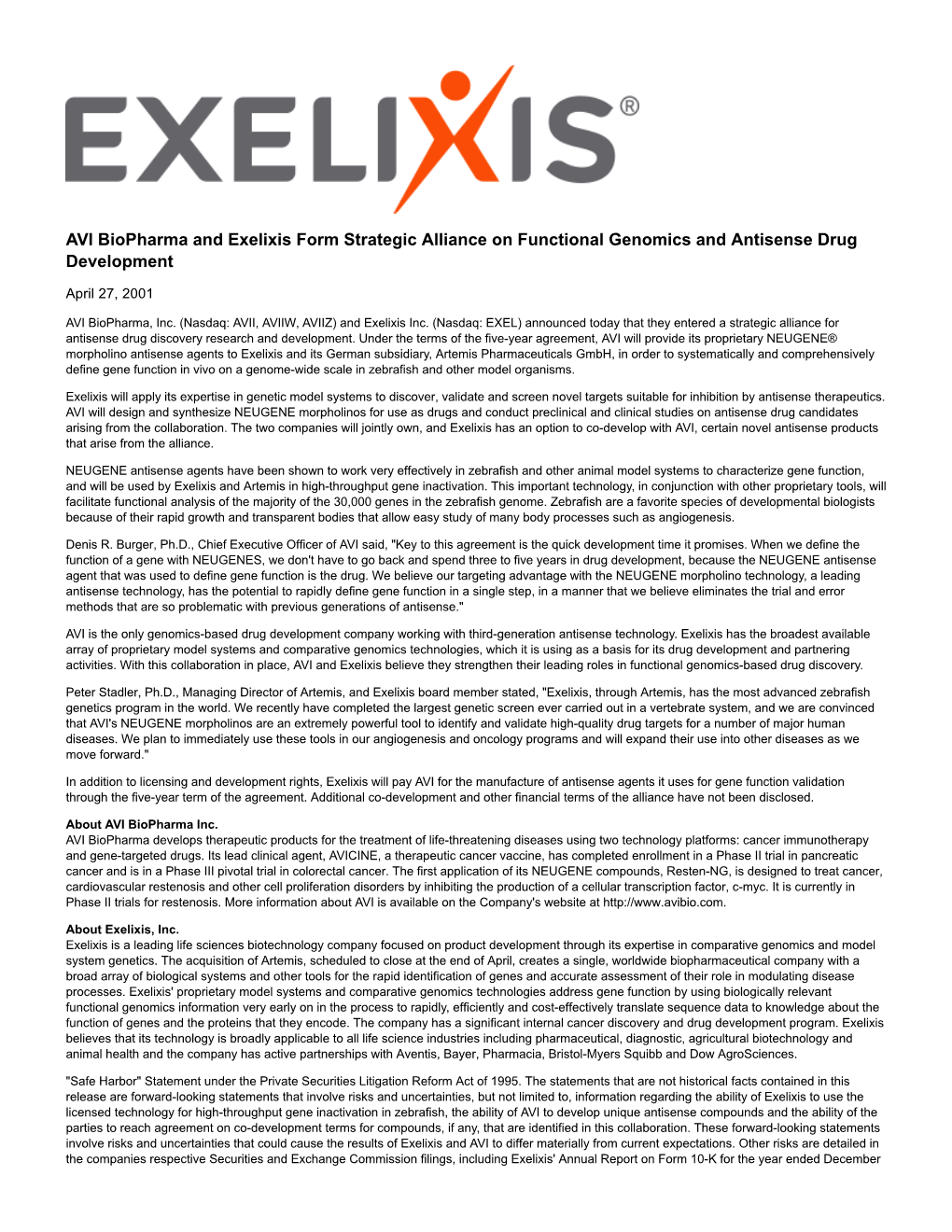 AVI Biopharma and Exelixis Form Strategic Alliance on Functional Genomics and Antisense Drug Development