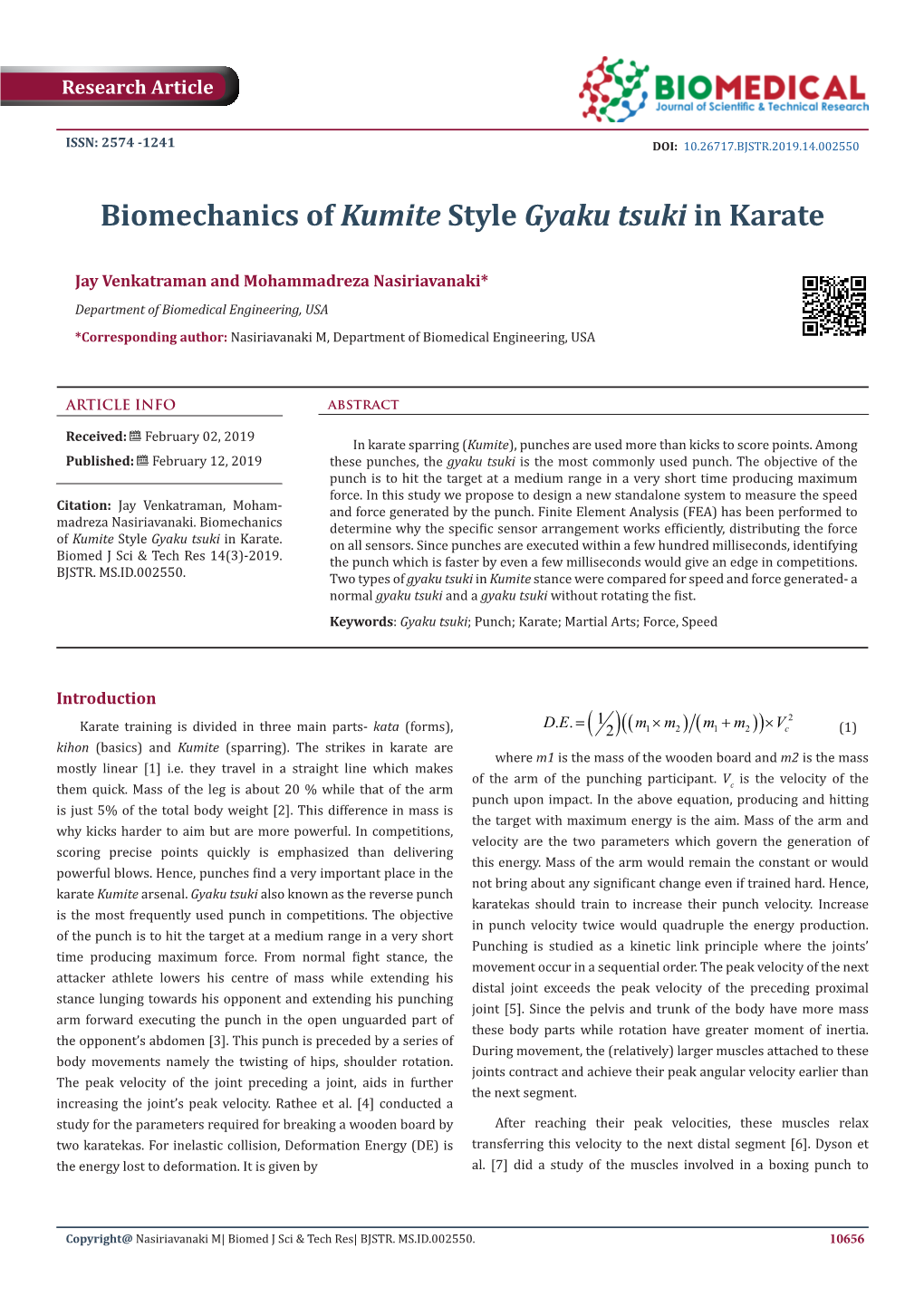 Biomechanics of Kumite Style Gyaku Tsuki in Karate