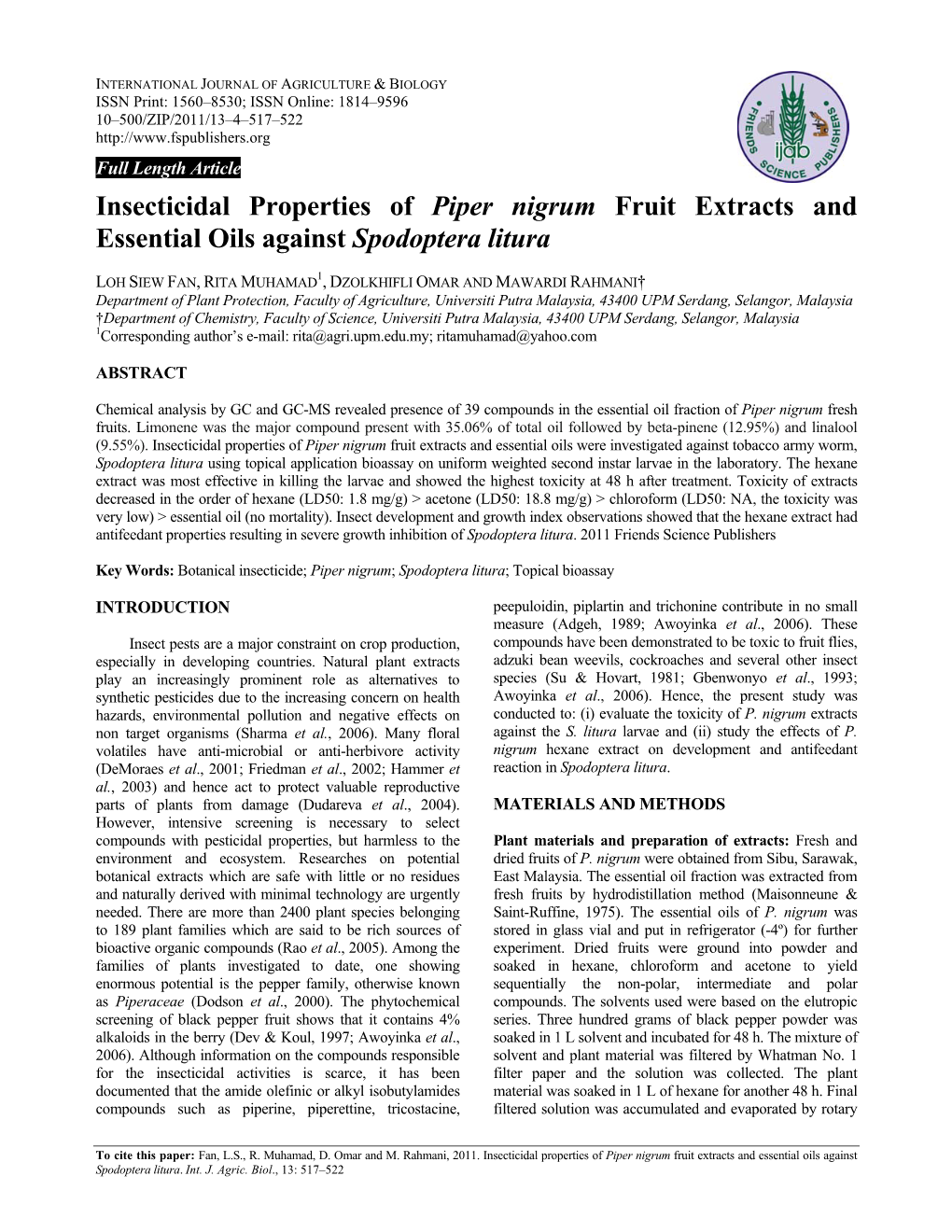 Insecticidal Properties of Piper Nigrum Fruit Extracts and Essential Oils Against Spodoptera Litura