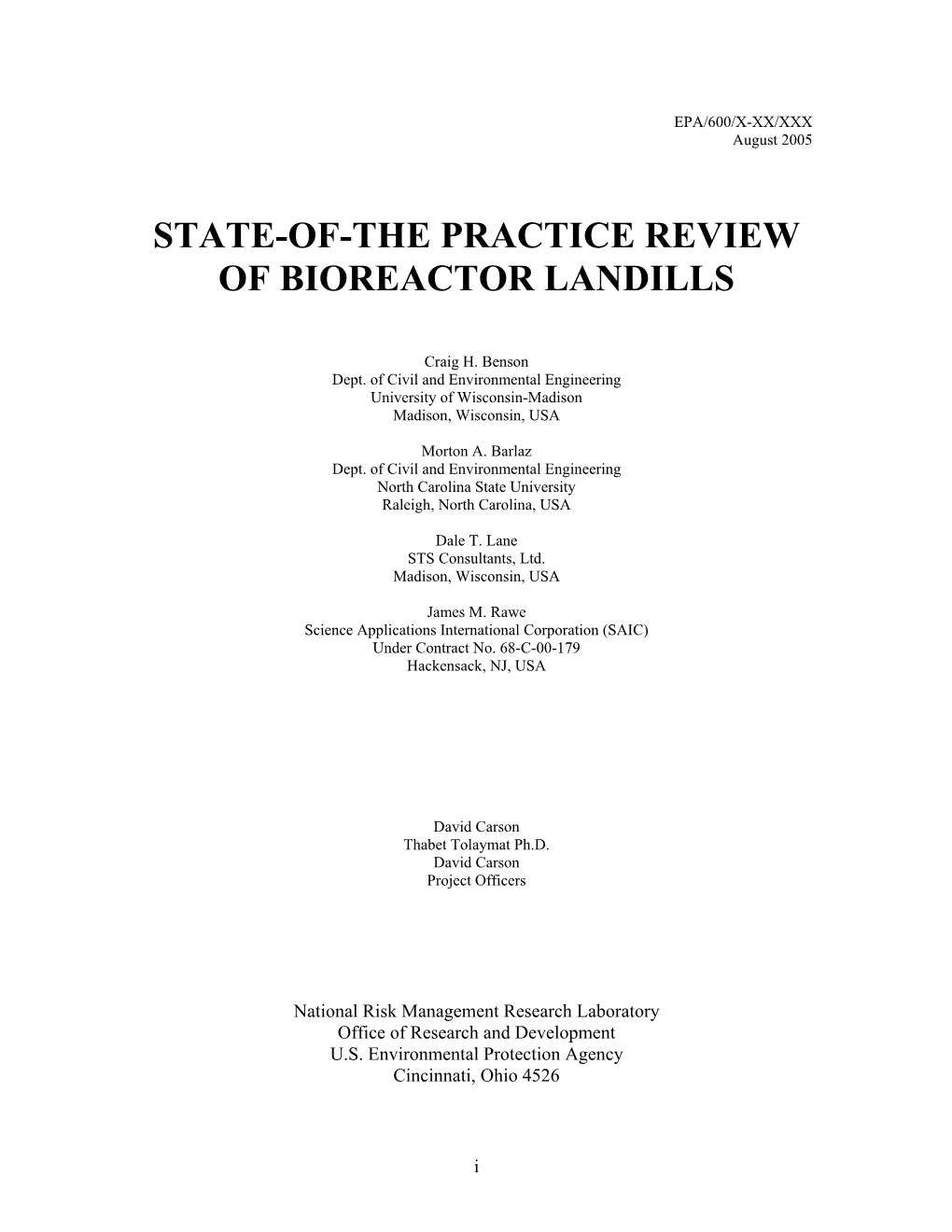 State-Of-The Practice Review of Bioreactor Landfills