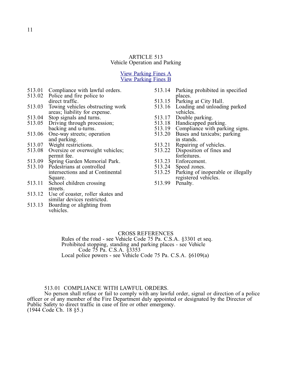 11 ARTICLE 513 Vehicle Operation and Parking