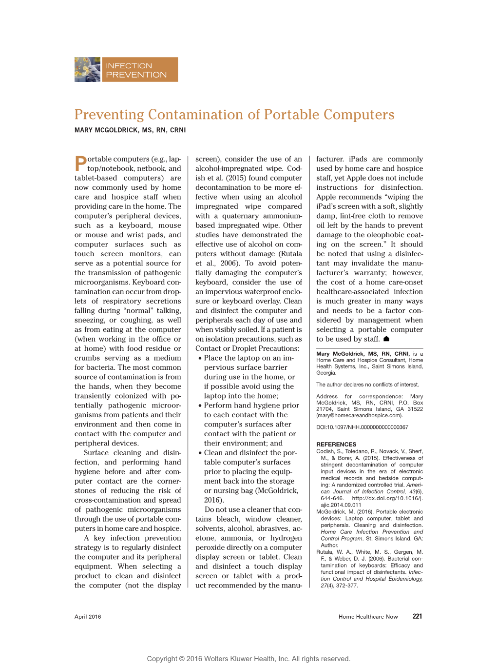 Preventing Contamination of Portable Computers MARY MCGOLDRICK, MS, RN, CRNI