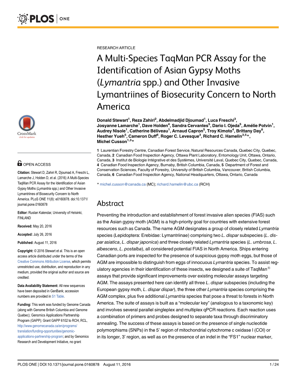 A Multi-Species Taqman PCR Assay for the Identification of Asian Gypsy Moths (Lymantria Spp.) and Other Invasive Lymantriines of Biosecurity Concern to North America